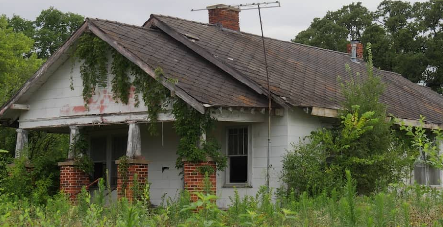 Before photo of an old, rundown house with overgrown vegetation, peeling paint, and a damaged roof.
