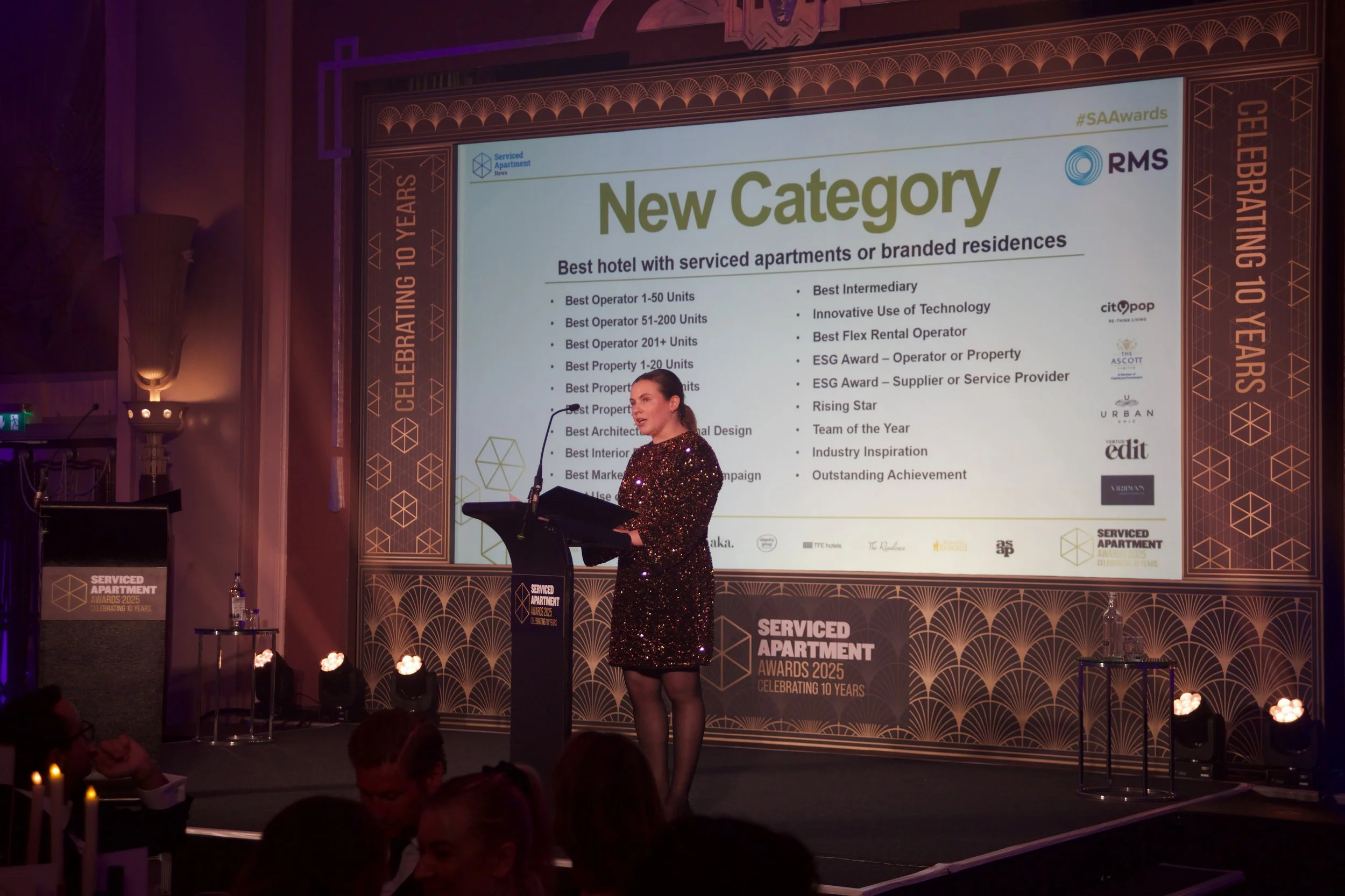 Eloise Hanson presenting the 10th annual Serviced Apartment Awards black tie ceremony.