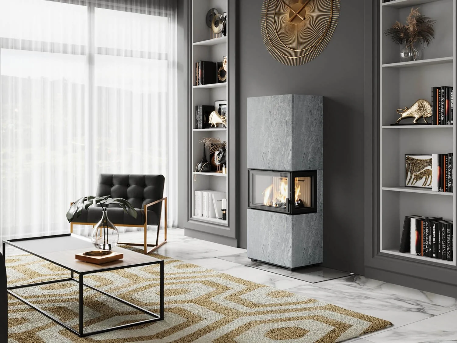 Speckstein Kamin Lotus Visto mit Wärmespeicher – Installation Ofenstudio Kaminwelt Hennef