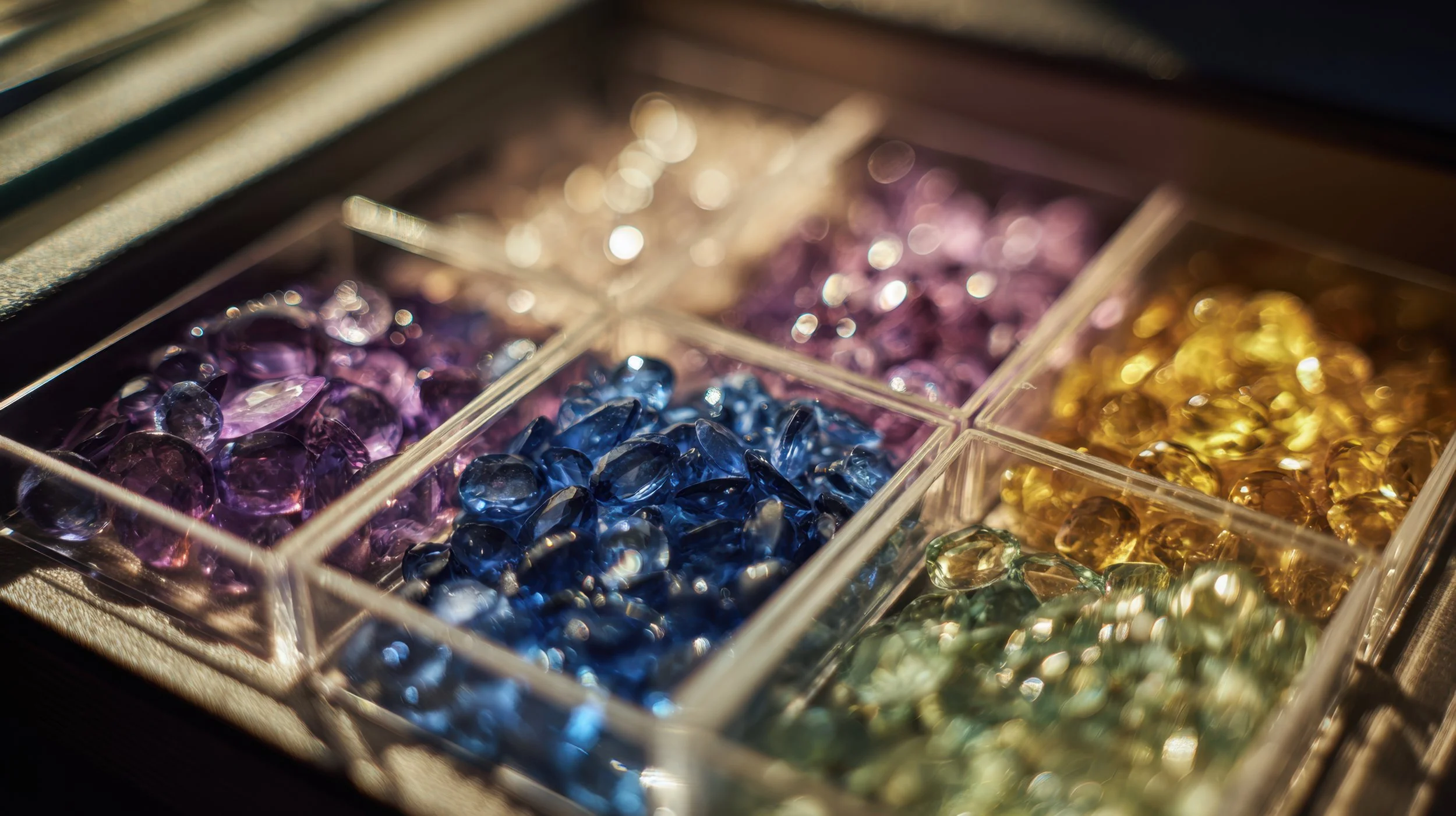 A plastic organizer containing various colored small glass or acrylic gemstones, including purple, blue, pink, yellow, and green, with sunlight creating reflections and bokeh effects.