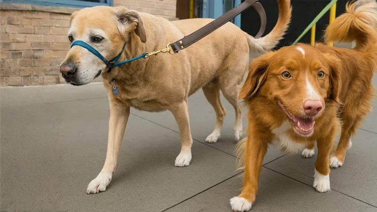 Fred and Eddie the dogs walking together