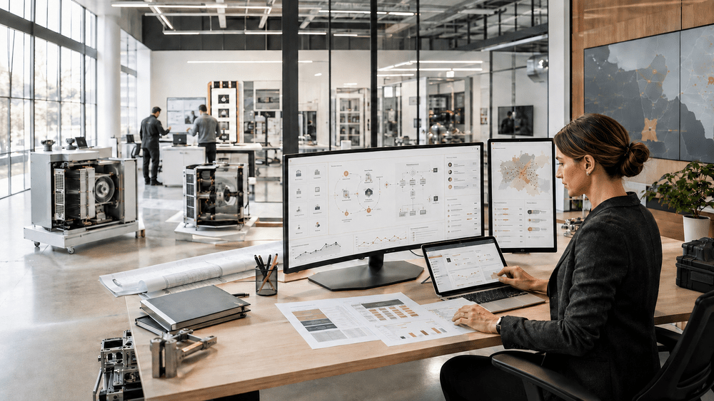 Business professional reviewing operational intelligence in a glass-walled professional-market facility