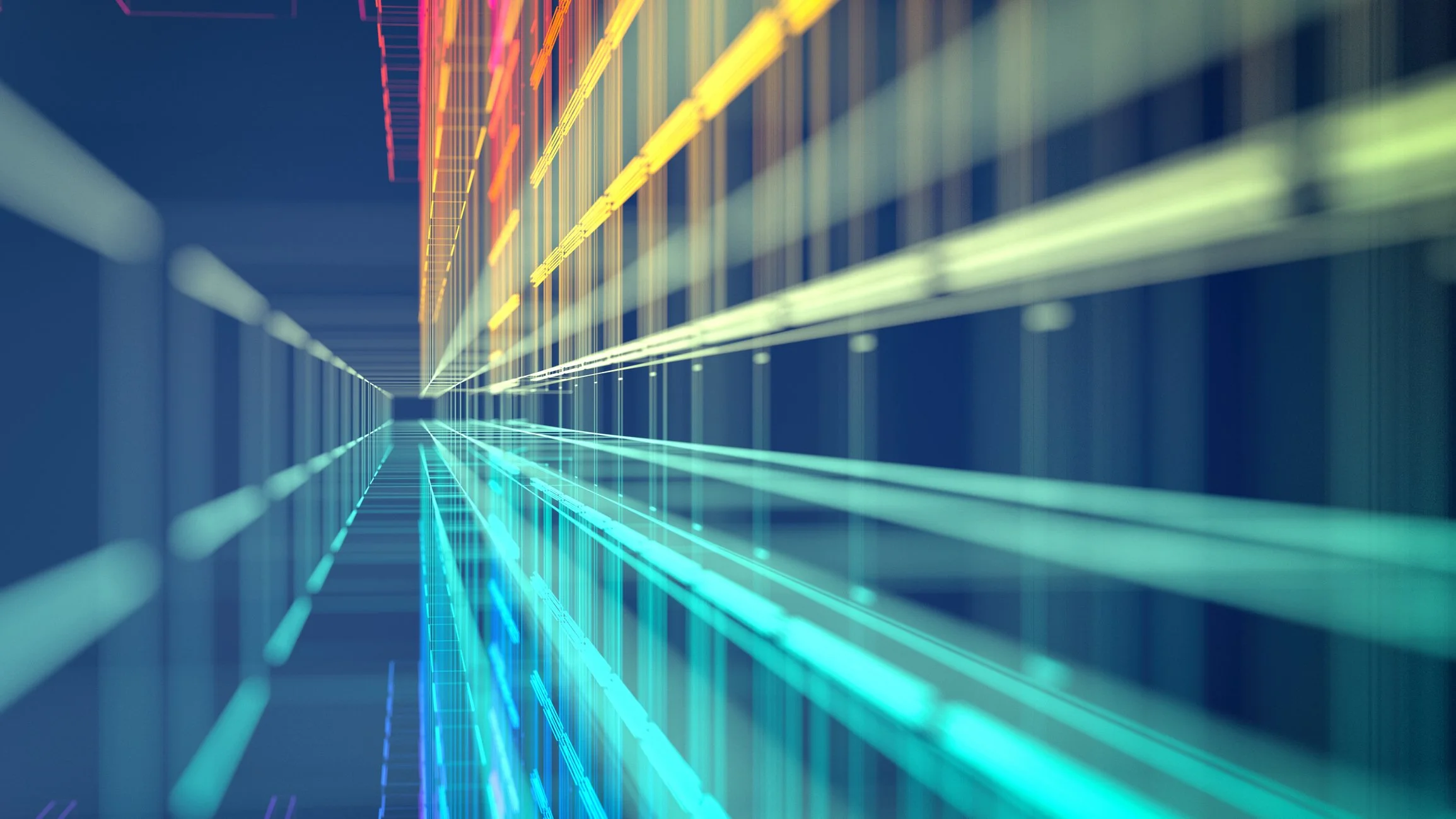 Digital data lines and colorful lights in a data center. Clean room 2nd party data layer for joint promotion of products.