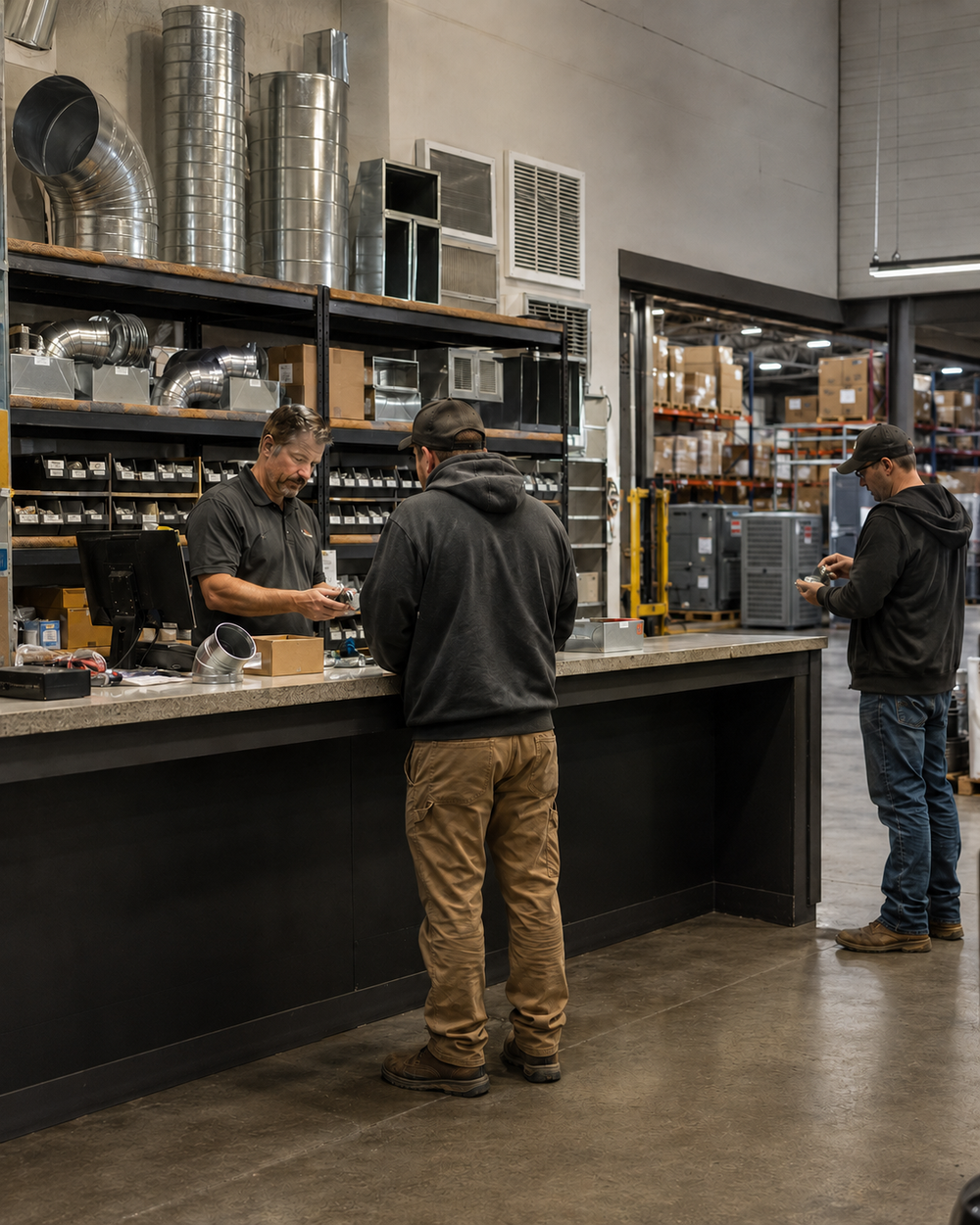 HVAC contractors and branch staff working at a distributor service counter