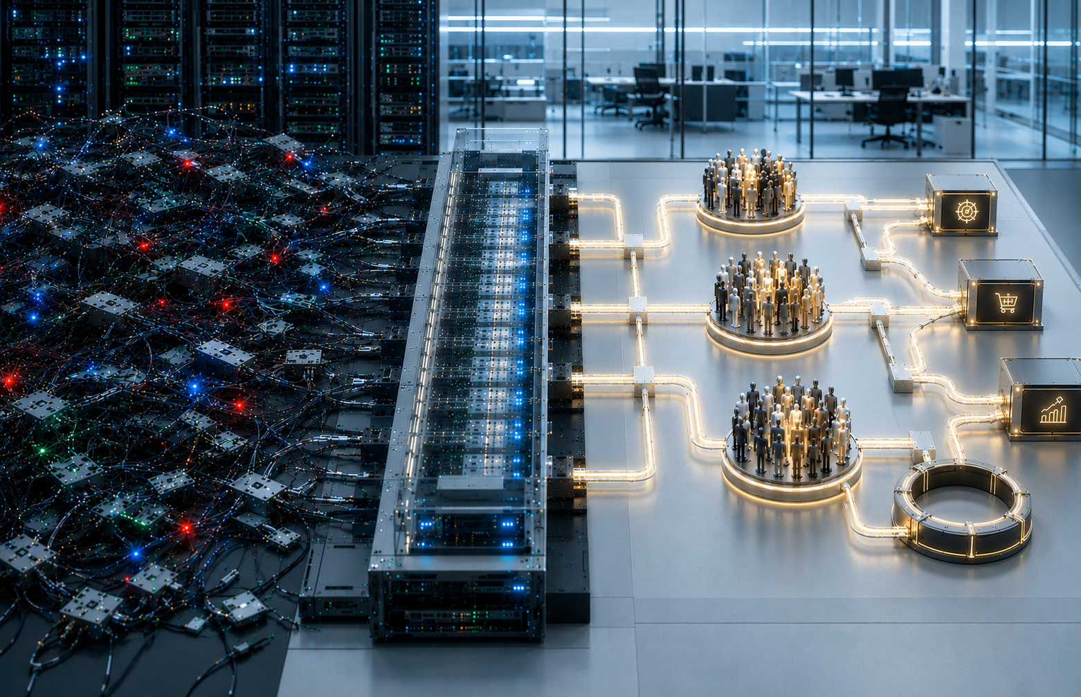 Messy stored data is transformed through a structured processing layer into clean signal paths that flow into audience clusters, activation modules, and measurement loops.