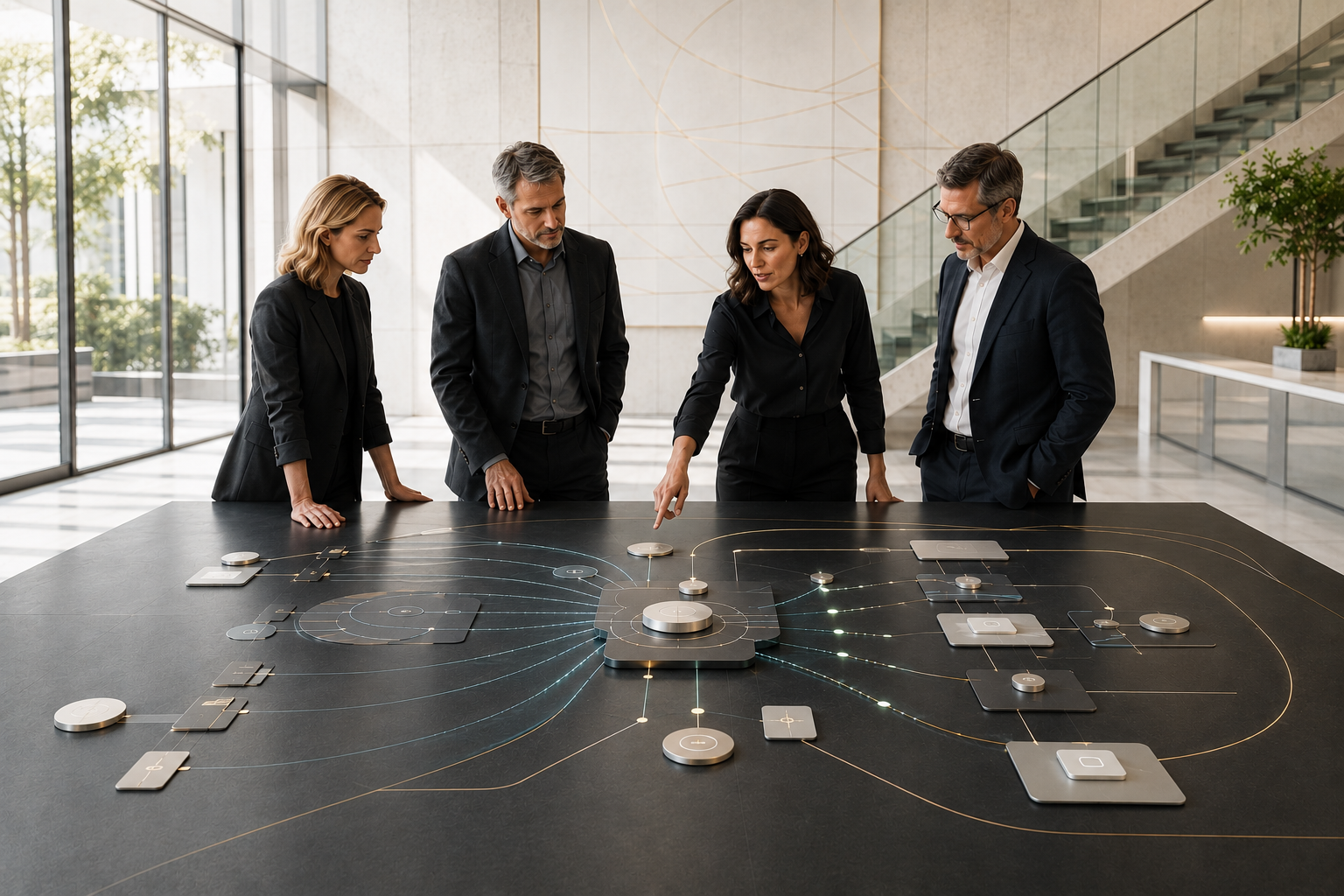 Four senior leaders review a shared go-to-market operating model on a strategic planning surface, with connected paths representing market signals, customer segments, sales motions, activation, and measurement.