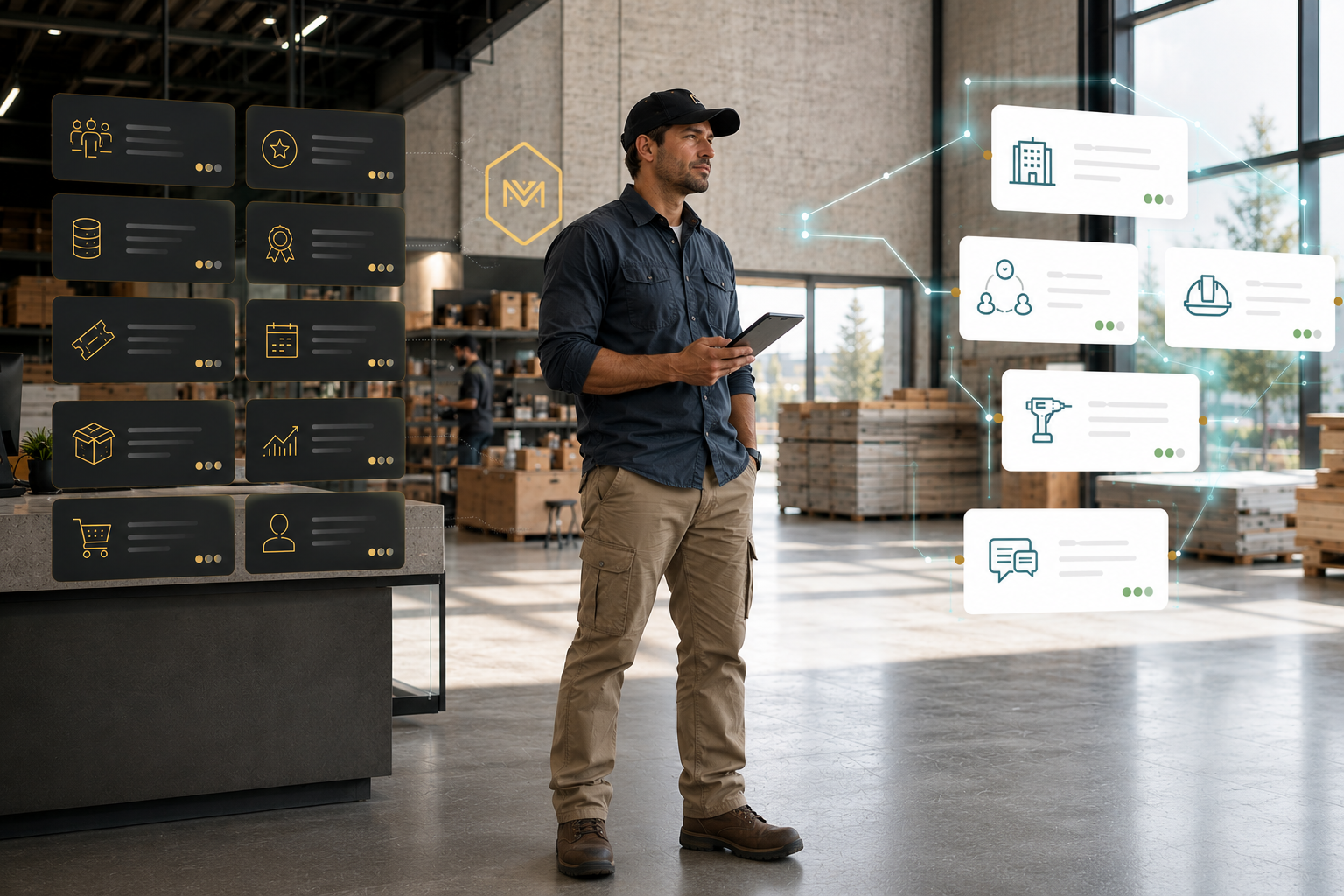 A trade professional stands between pro-program metrics and customer-intelligence signals in a bright distributor environment.