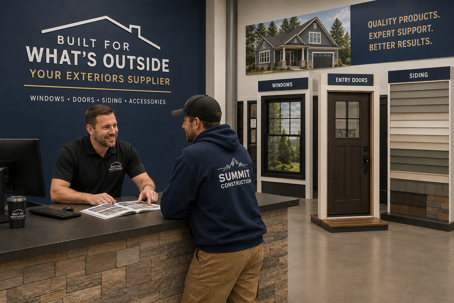 Trade professionals and branch staff discussing an order in a building-products distributor showroom