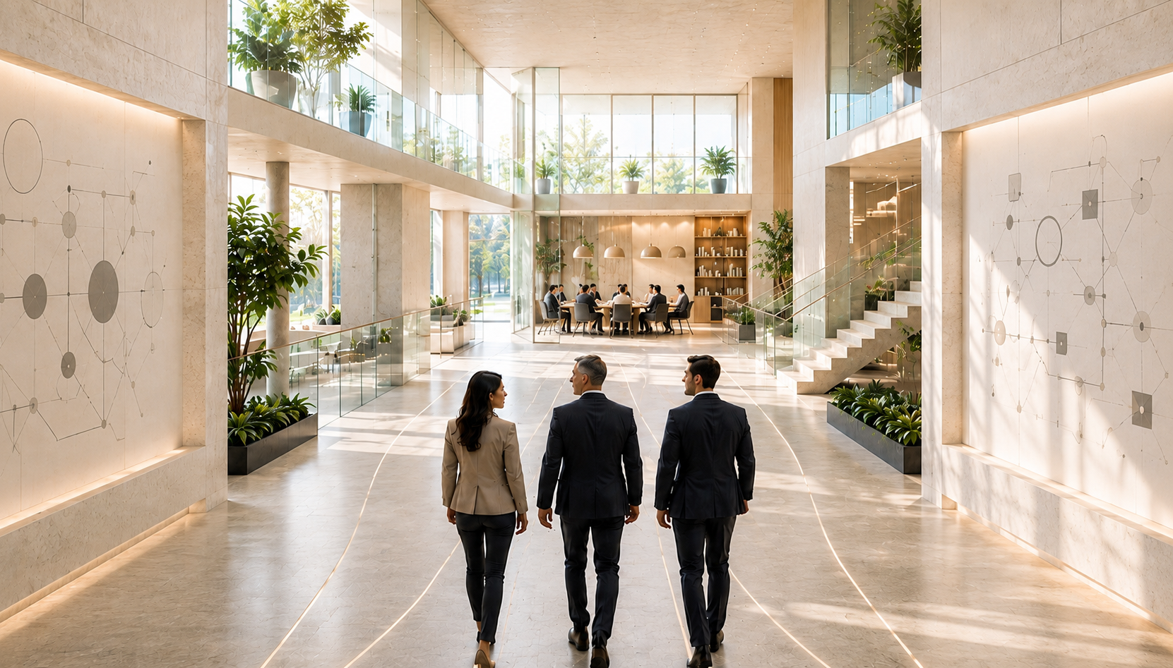 Three business leaders walk together through a bright modern atrium as separate illuminated paths converge into one shared route, symbolizing go-to-market alignment across sales, marketing, and leadership.