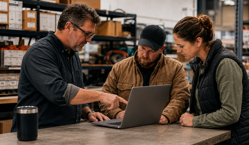 Trade professionals reviewing ecommerce information together at a distribution counter