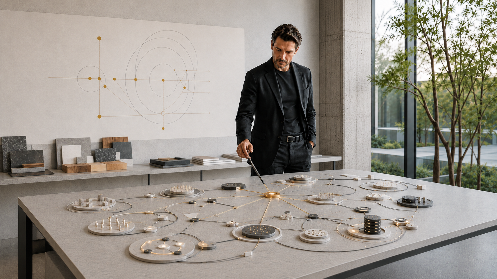Man in leadership standing over a desk planning alignment strategy