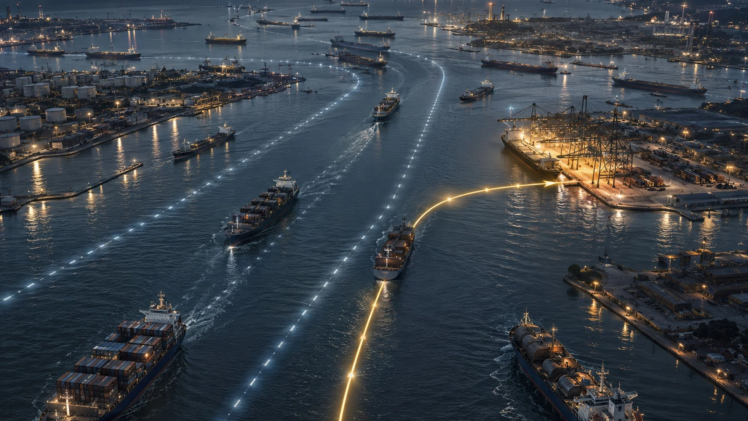 Commercial vessels navigate illuminated shipping lanes through a complex harbor at dusk, while one ship follows a precise gold route toward a prepared port.