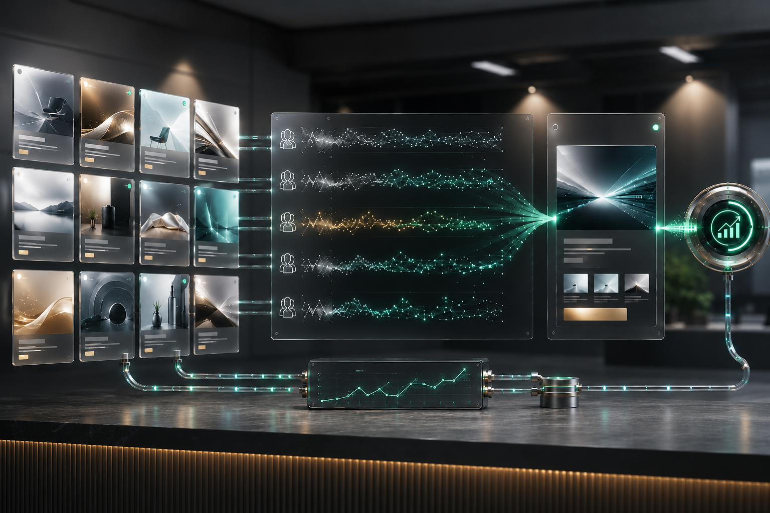 Abstract digital campaign variations are tested against audience response signals, refined into an optimized digital experience, and connected to growth and measurement feedback.