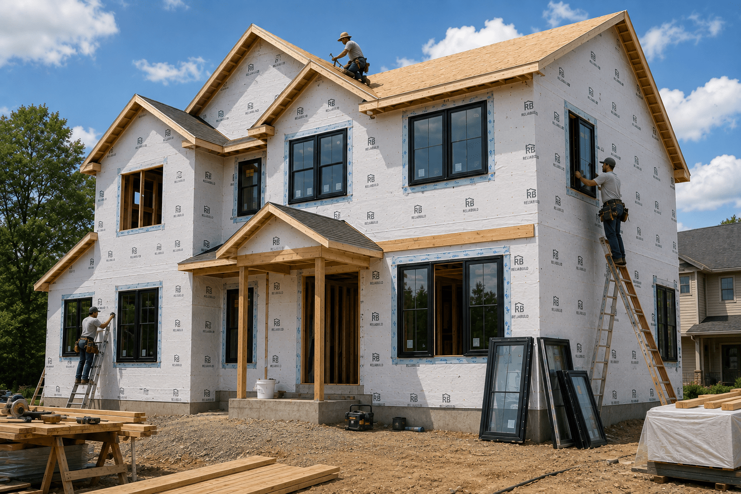 Building professionals working around the exterior of a residential construction project