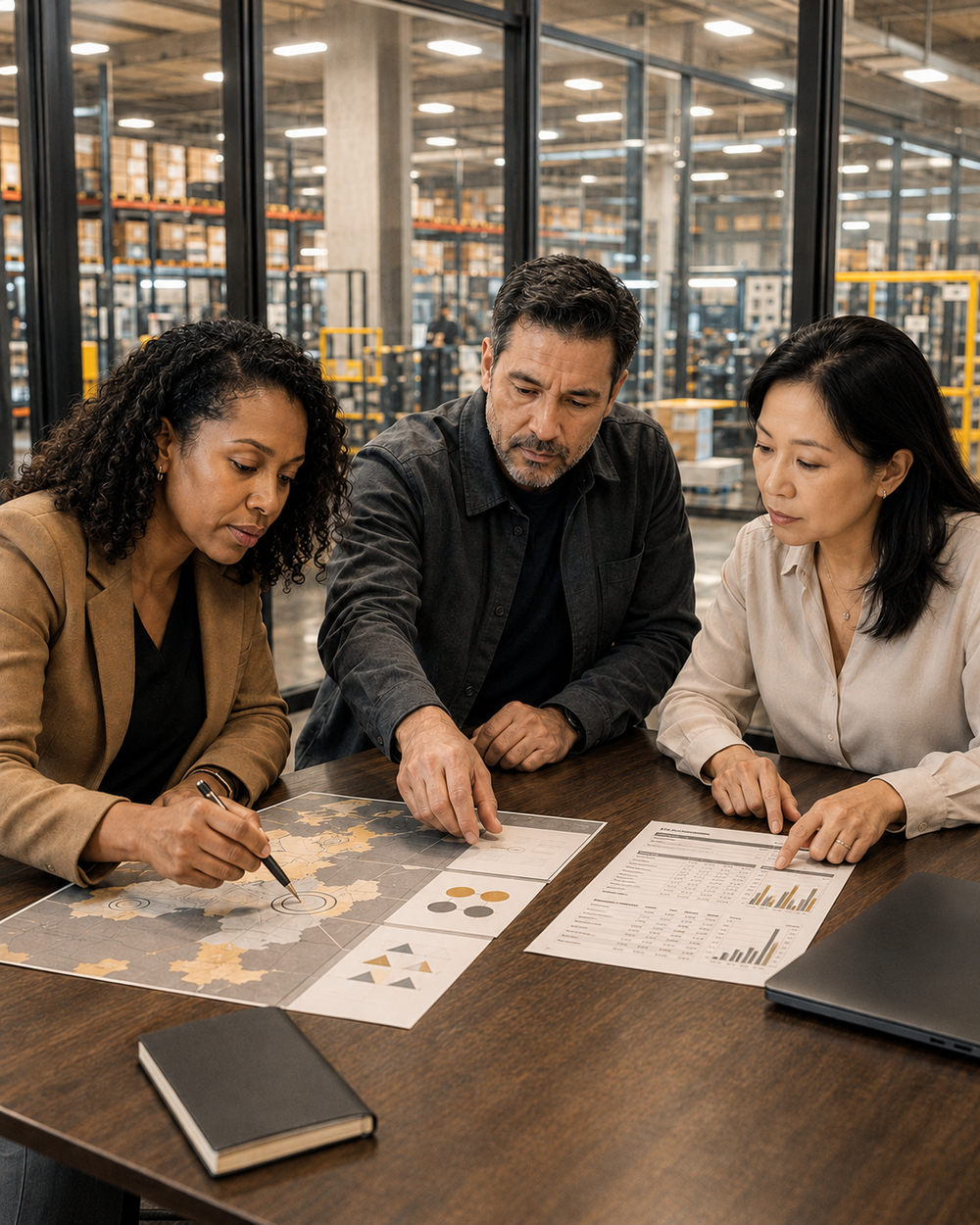 Three professionals combining market, geographic and performance evidence