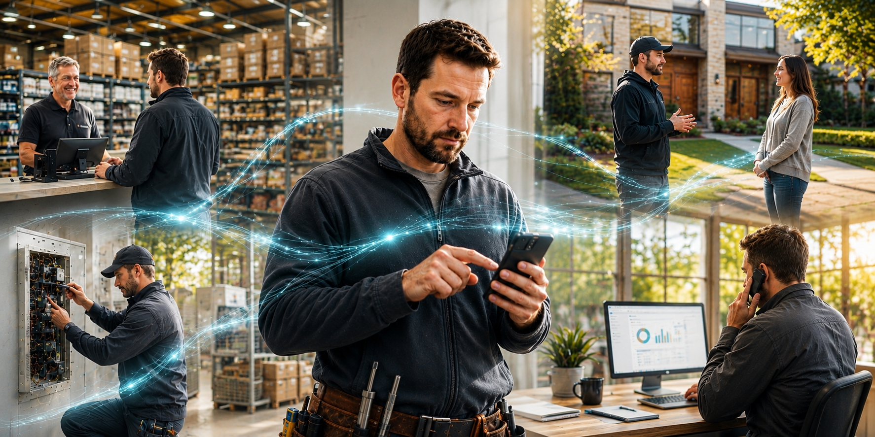 A trade professional uses a mobile device while connected branch, service, customer, and support touchpoints are linked by subtle data signals, representing a living customer data ecosystem.