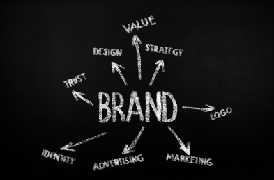 A blackboard with a diagram showing 'BRAND' in the center, connected to related concepts such as identity, attributes, trust, positioning, value, advertising, logo, and vision.