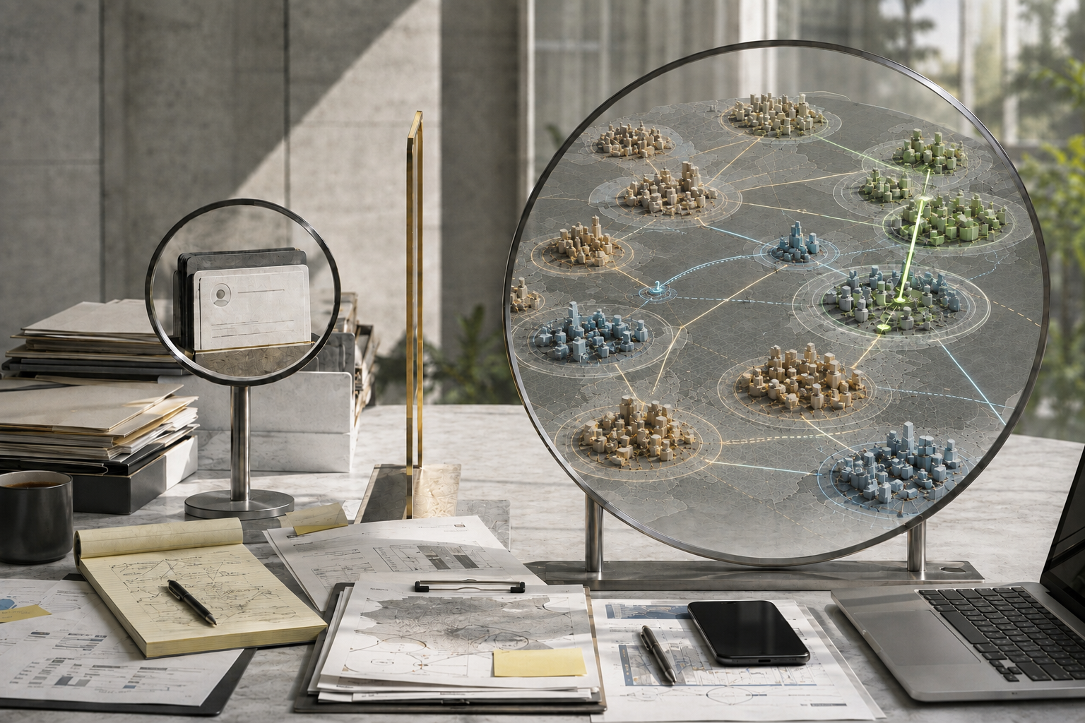 A single pro account record is shown beside a broader professional-market model with connected clusters, opportunity zones, and growth signals.