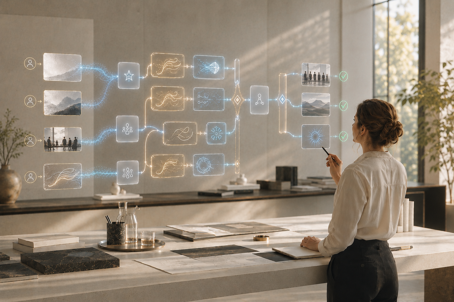 A female strategist reviews a transparent AI workflow in a bright strategy studio, with paired signal cards, guardrails, approval gates, and green checks showing human-guided AI execution.