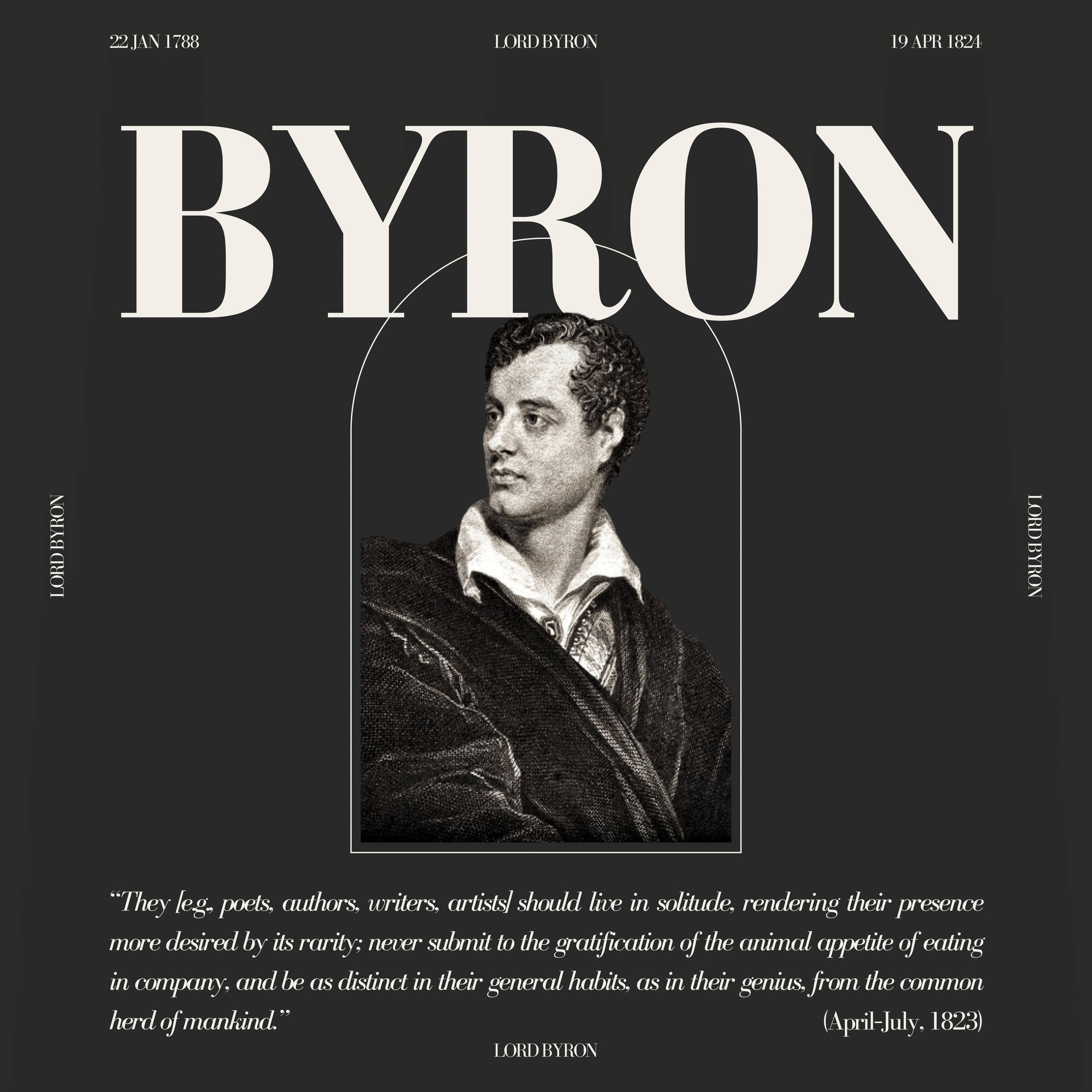 Merchandise design with Lord Byron's name in bold, a quotation by him about poets, and an old engraving of Byron in profile, framed by an arch.