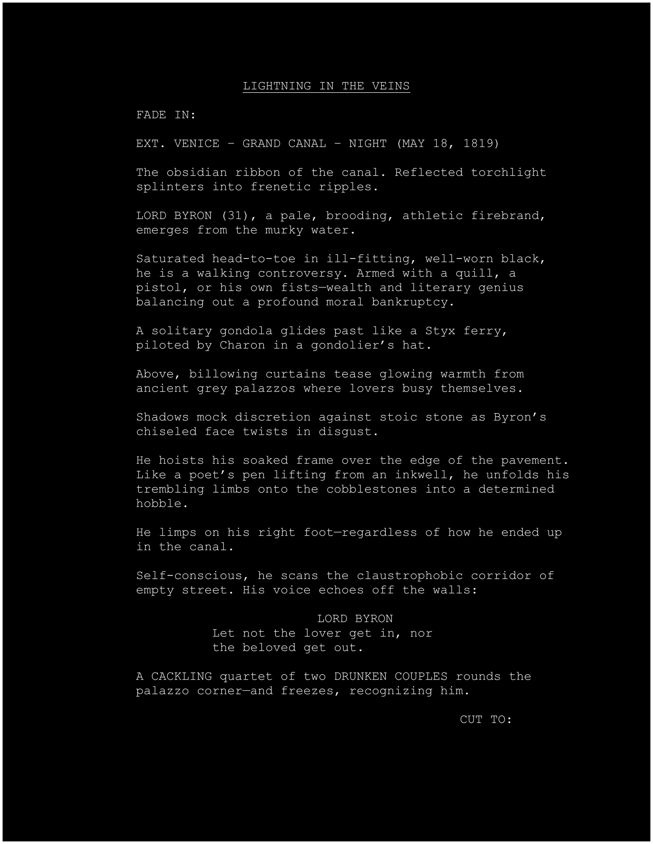 Typed first page of final draft of Jono Borden's screenplay for his Lord Byron biopic titled Lightning in the Veins.