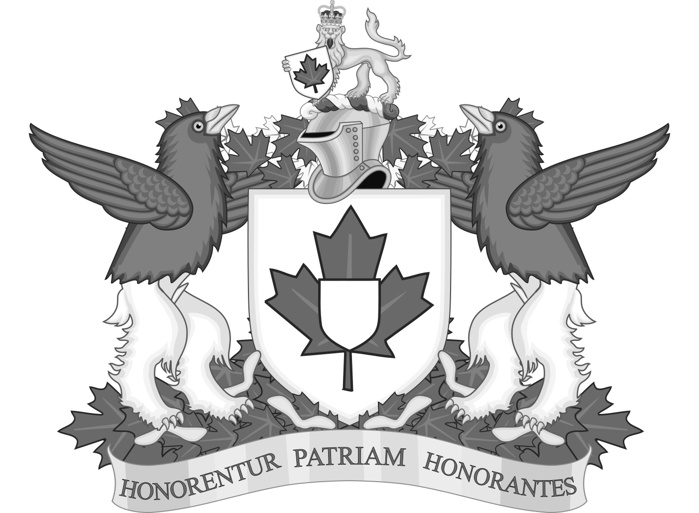 A black and white illustration of a coat of arms featuring a shield with a maple leaf and a smaller shield in the center, supported by two birds with wings outstretched. At the top is a crown and a lion holding a shield with a maple leaf. Below is a banner with the Latin phrase "HONORUNTUR PATRIAM HONORANTES."