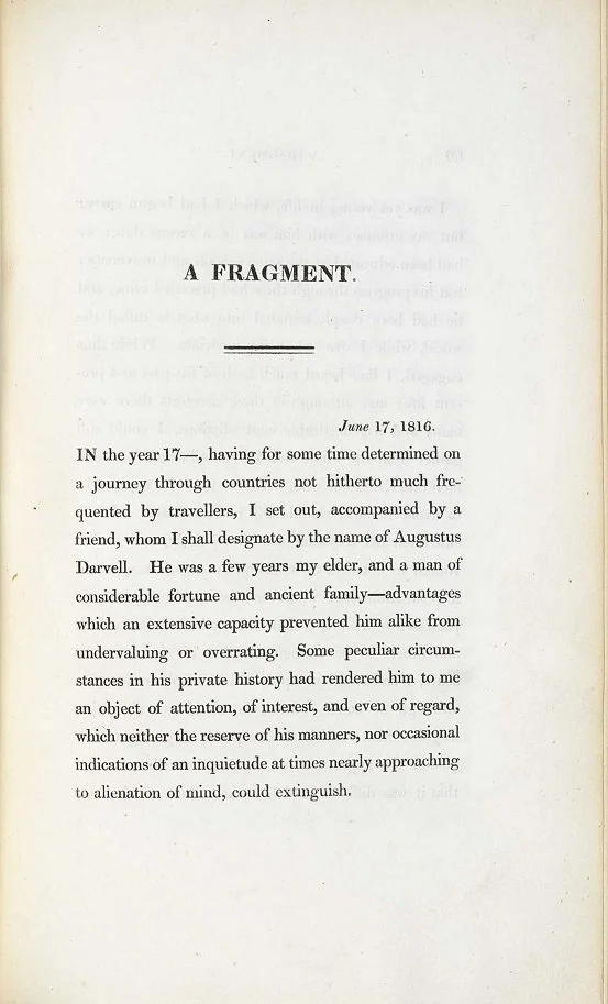 Page from an old book, titled "A Fragment," dated June 17, 1816, describing a journey undertaken by the author in the year 17--, with a friend named Augustus Darvell, who was an elder, wealthy, and from an ancient family.