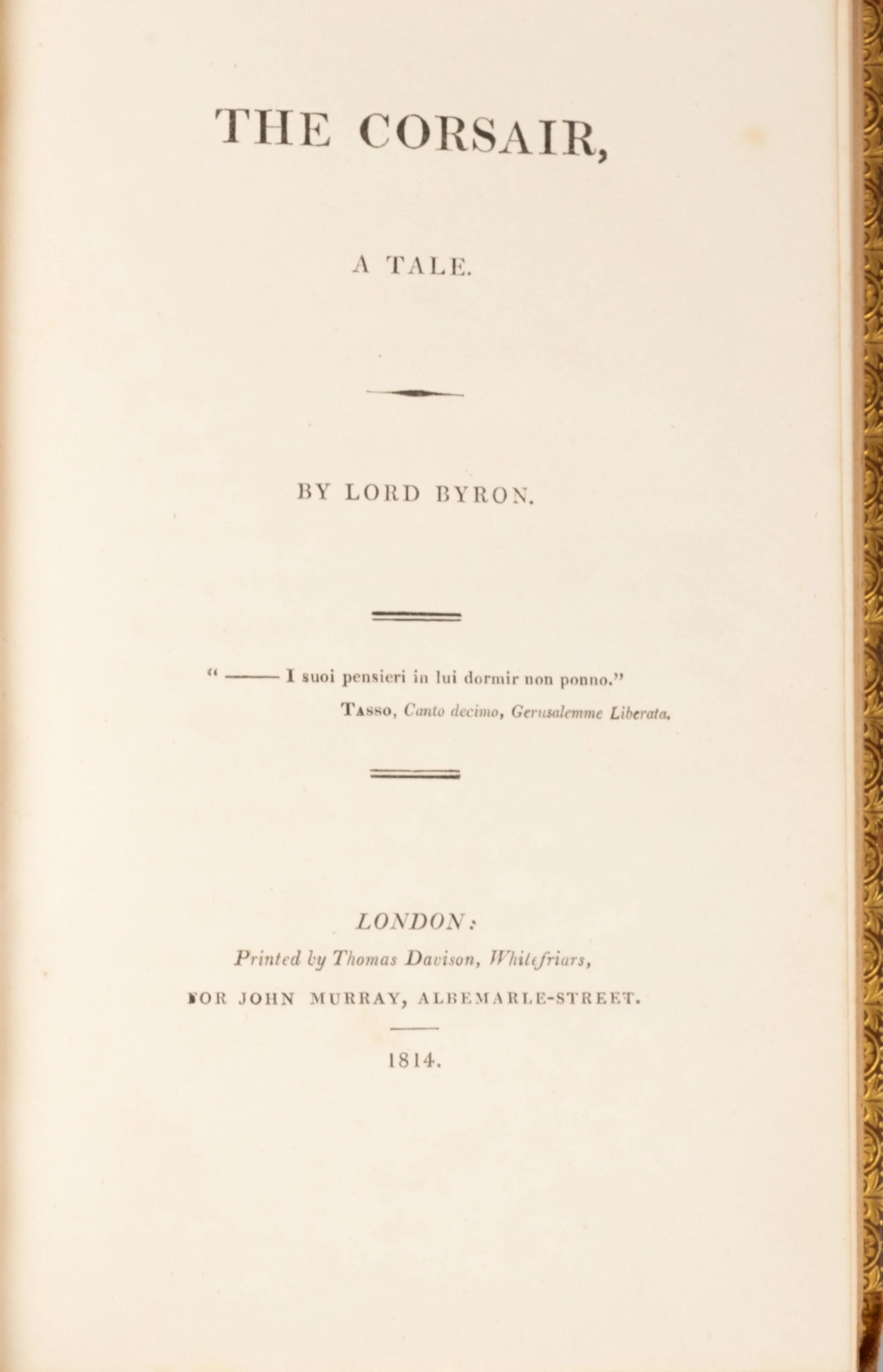 Title page of the book 'The Corsair' by Lord Byron, published in 1814, printed by Thomas Davison in London for John Murray.
