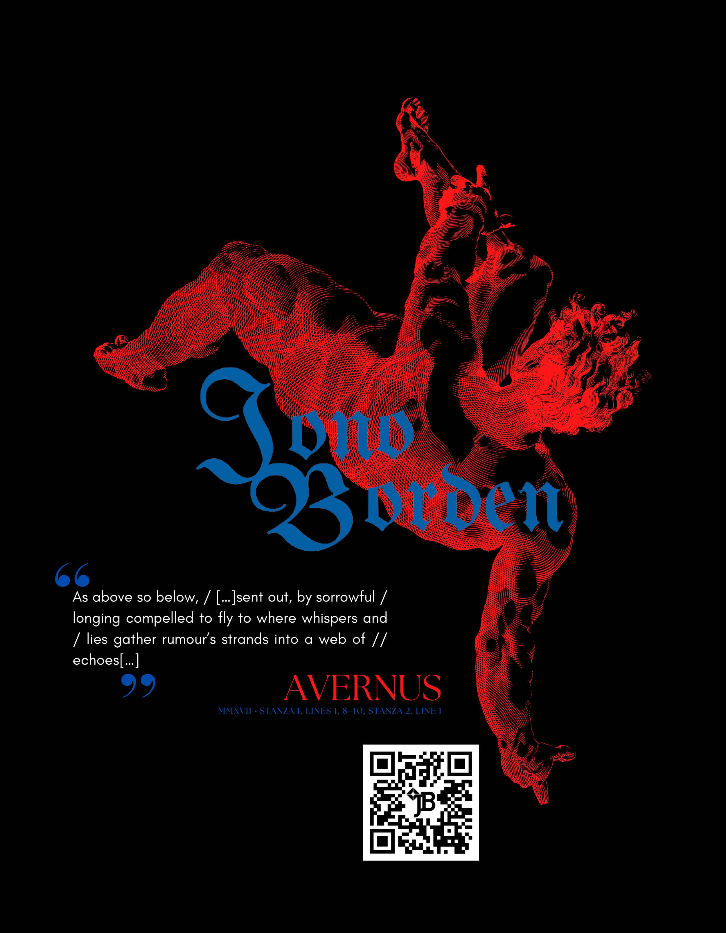 Merchandise design with Jono Borden's name in blue gothic lettering on top of an old engraving of a man in red falling into hell, with a quotation.