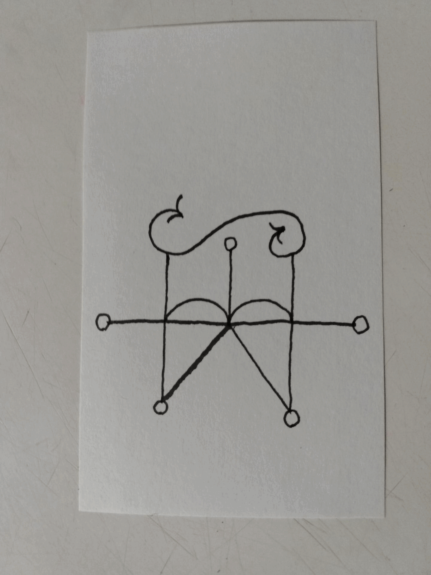 Black abstract line drawing on white background, resembling a geometric and organic design with circles, lines, and arrows. Magical symbols. Sigils.