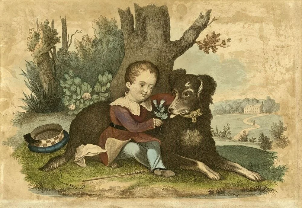 Source: Unknown Artist ( floruit  1796), “Infant Byron and Favourite Dog,” 1796, hand-coloured engraving, 37 × 52.8 cm (14 9/16 × 20 51/64 in.), Nottingham Local Studies Library Photograph & Image Collection, accession number NTGM009204, Newstead Abb