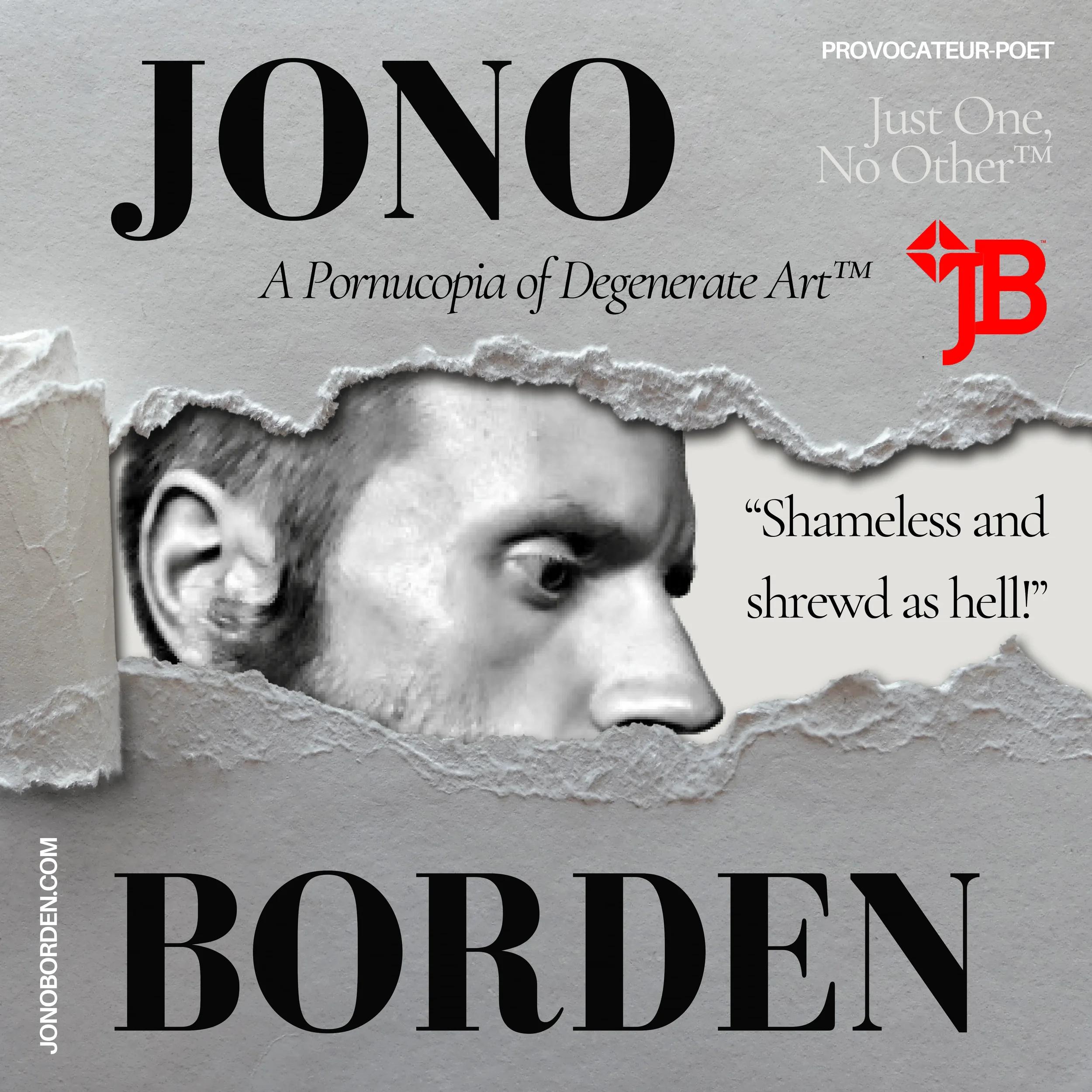 Merchandise design with Jono Borden's face in profile in black and white, visible beneath torn silver paper, mocked up as a magazine cover, logo name.