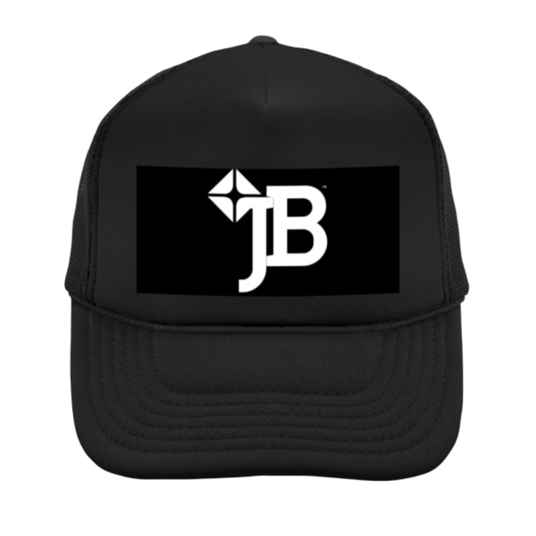 Merchandise design of a black baseball cap printed with the Jono Borden monogram logo of Jono Borden Publishers, Inc., featuring a stylized flashbulb.