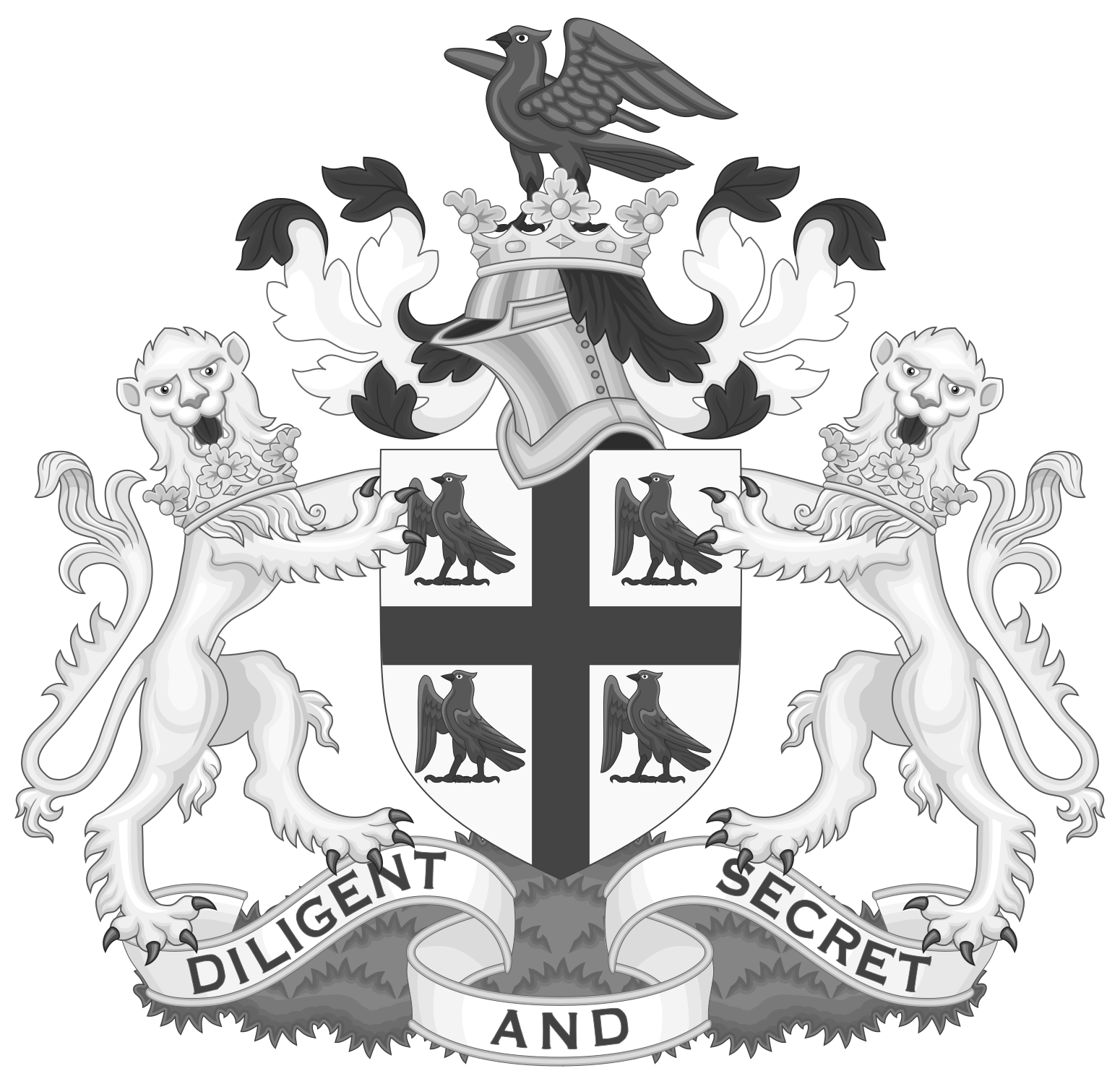 Black and white illustration of a heraldic coat of arms with a shield featuring a cross and eagle images. Flanking the shield are two lions with maned heads and open mouths. Above the shield is a crowned helmet topped with a bird. A ribbon at the bottom reads "DILIGENT AND SECRET."
