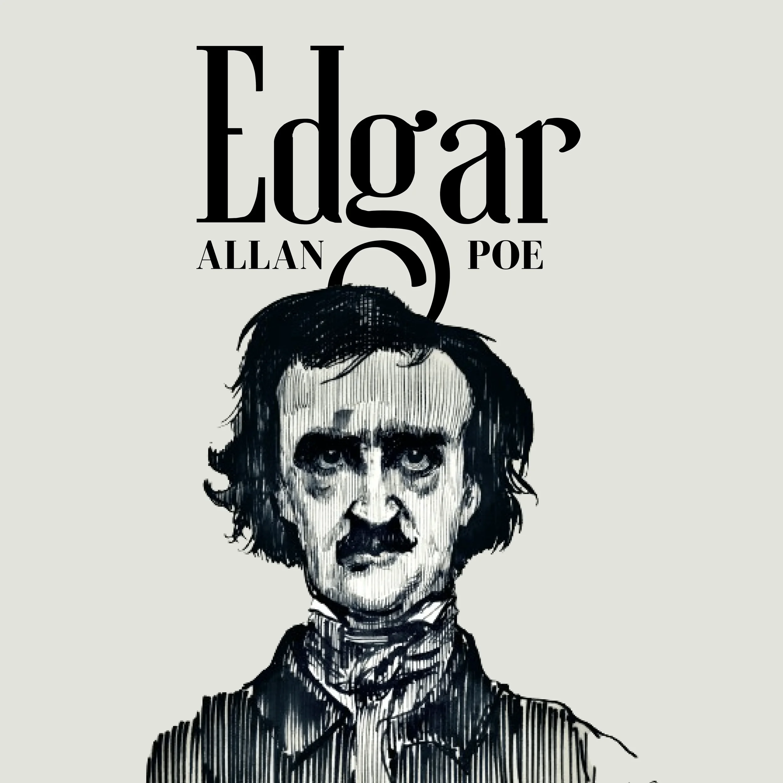 Merchandise design with a caricature of Edgar Allen Poe drawn in black ink, his name in bold lettering, on a cream background.