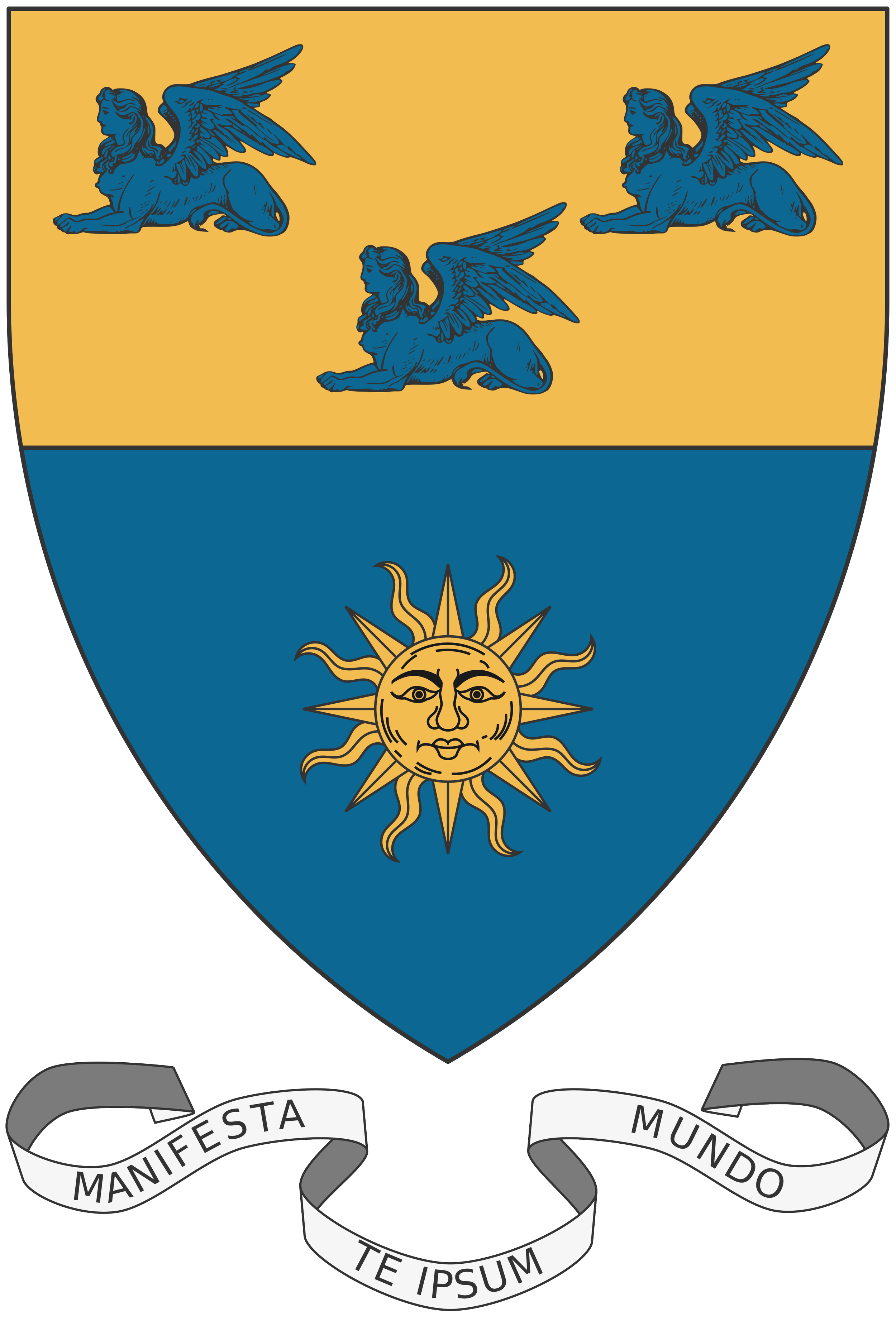 A shield with two sections: the top showing three blue sphinxes on a gold background, and the bottom featuring a stylized golden sun with a face on a blue background. A scroll at the bottom reads "MANIFESTA TE IPSUM MUNDO."