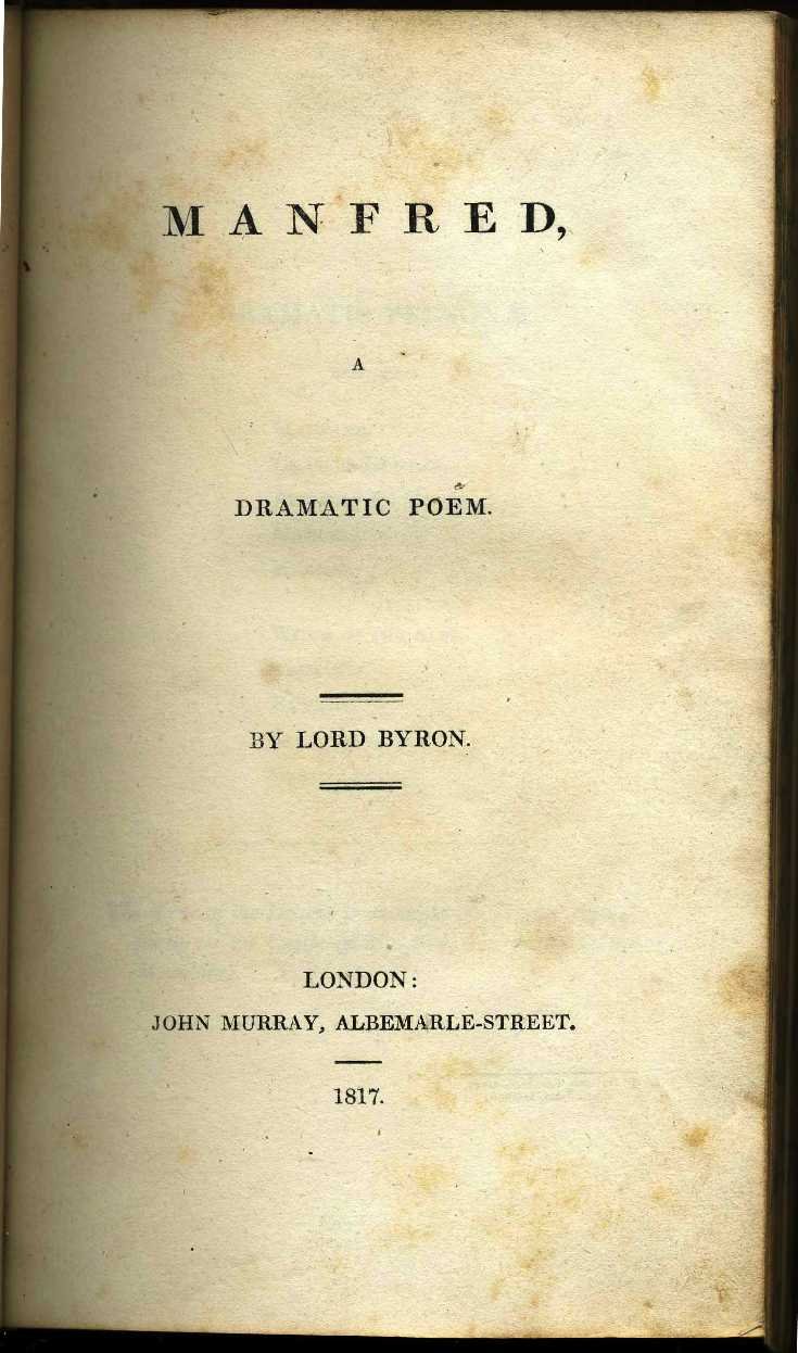 Title page of a book titled "Manfred, a Dramatic Poem" by Lord Byron, published in London by John Murray in 1817.