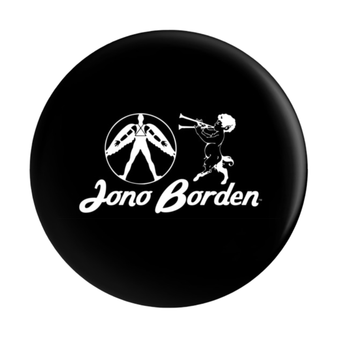 Merchandise design of a black pin to wear featuring the logo for Jono Borden Records, Inc. in white, with Icarus and Pan and his name in fat letters.