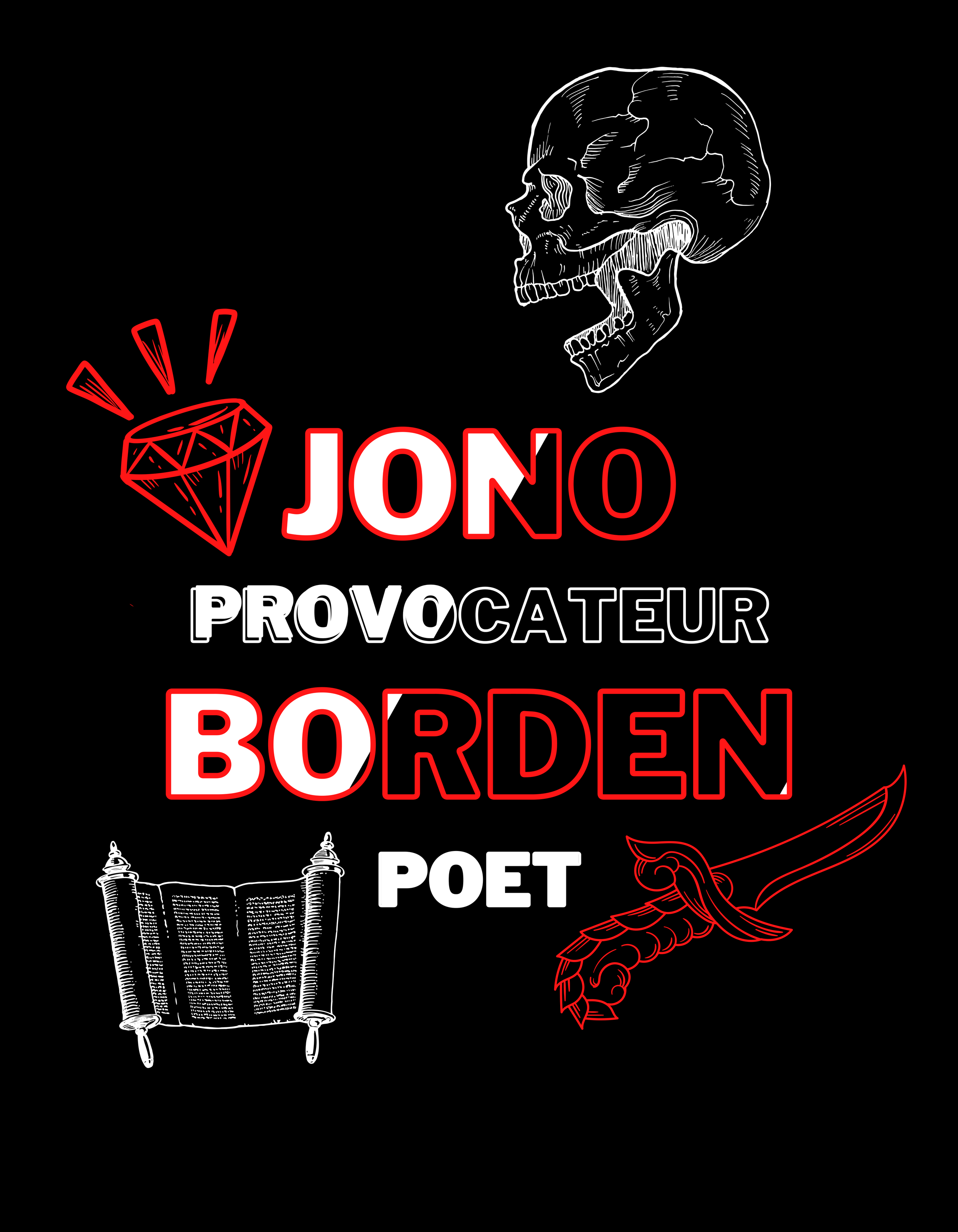 Merchandise design featuring Jono Borden’s name with graphics of a skull, dagger, scroll, and quill, symbolizing rebellion, creativity, and dark storytelling.
