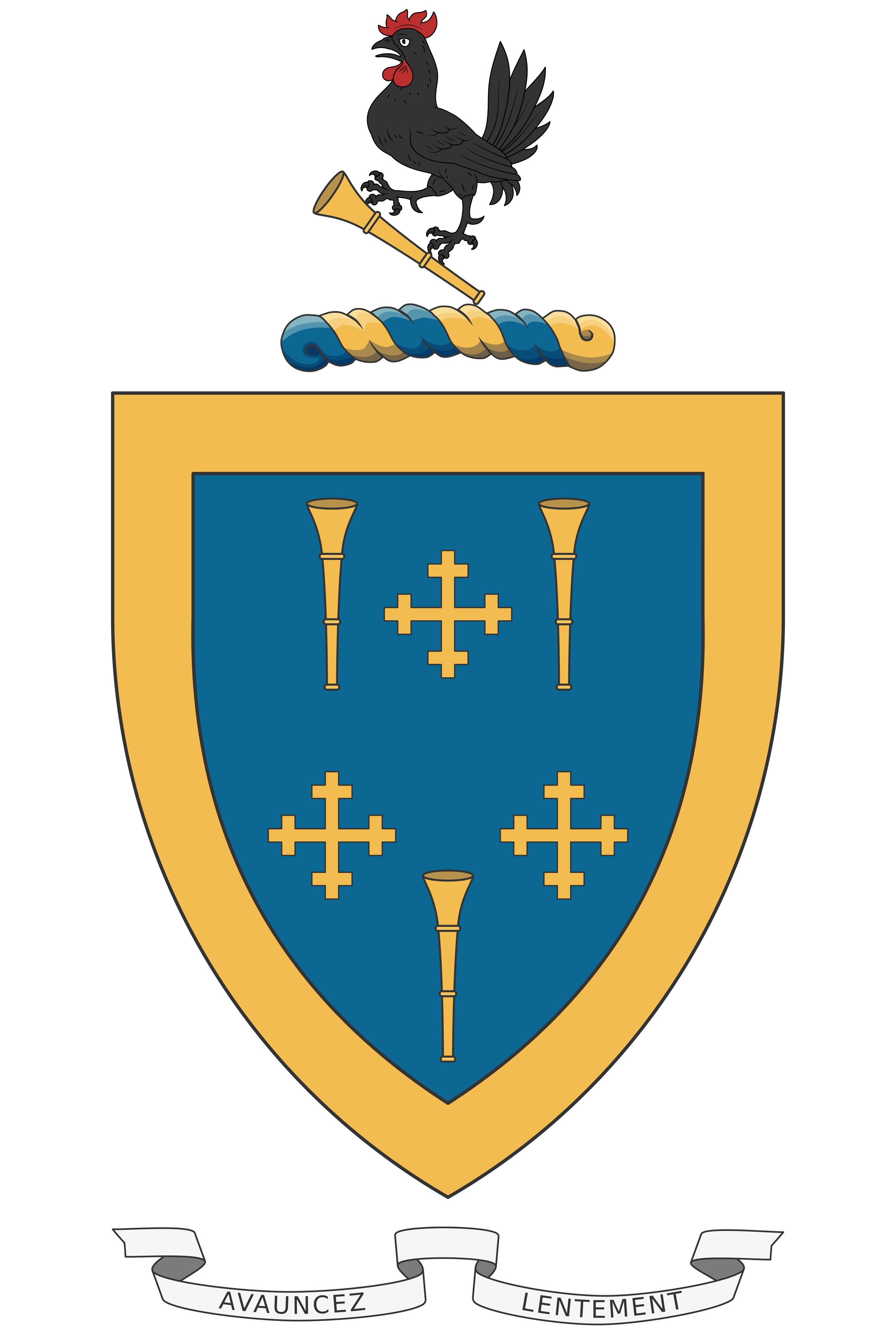 The coat of arms of Jonathan Borden features a black rooster perched on a gold and blue twisted rope above a shield. The shield has a blue background with three gold crosses and three gold trumpets. A white banner below reads "Avauncez Lentement."
