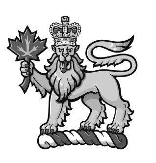 Black and white emblem of a lion with a crown, holding a maple leaf