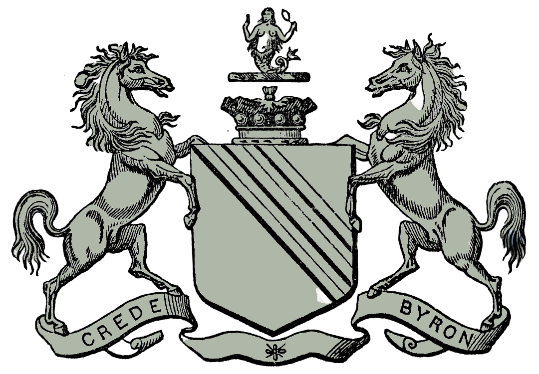A coat of arms featuring two rearing horses holding a shield with diagonal stripes. Above the shield is a mermaid combing her hair in a mirror. Below are banners reading 'Crede' and 'Byron'.