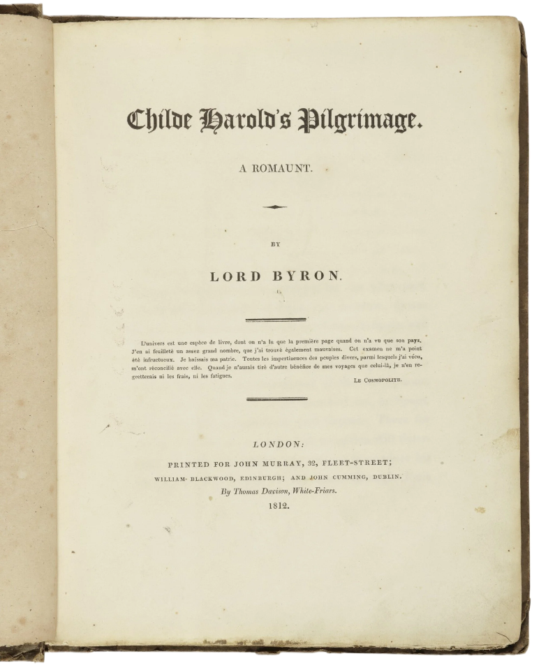 Title page of a book titled "Childe Harold's Pilgrimage: A Romance" by Lord Byron, published in 1812, printed for John Murray in London.