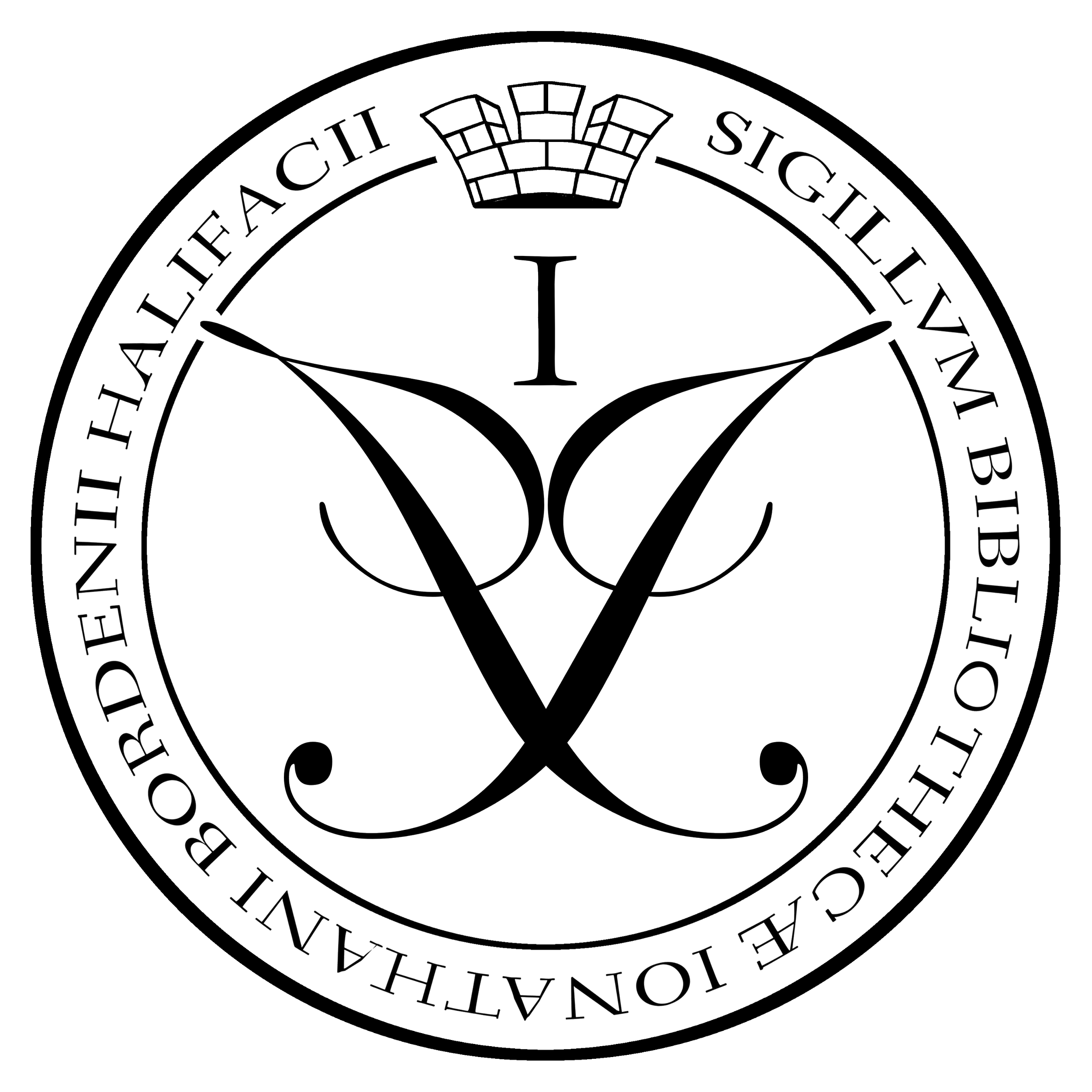 A black and white circular logo with text around the edge, featuring a crown at the top, and decorative initials 'J' and an 'I' in the center, with stylized lines and flourishes. The text reads "SIGILLVM BIBLIOTHECAE IONATHANI BORDENII HALIFACII".