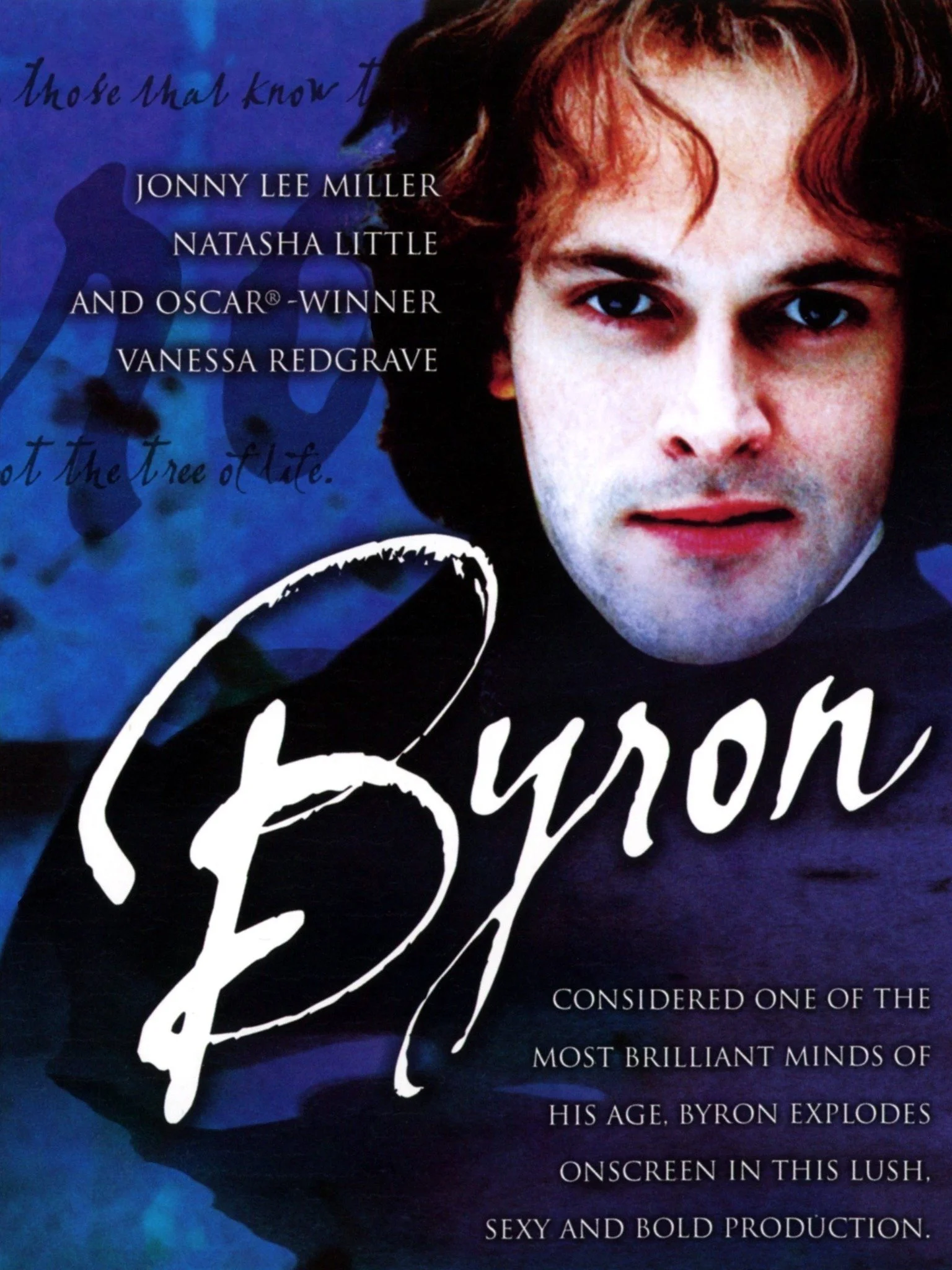 Close-up of a movie poster featuring a young man with medium-length brown hair, blue eyes, and pale skin. The poster features the title 'Byron' in large white script, with additional text describing the film and credits.