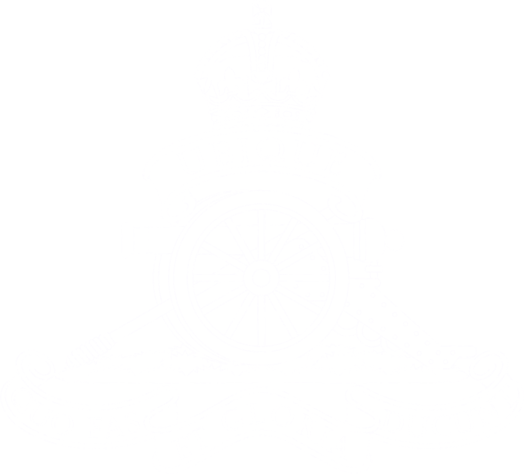 Cannon insignia of the British Army's Royal Regiment of Artillery, featuring both of the regiment's two Latin mottoes: "Ubique" ("Everywhere") and "Quo Fas et Gloria Ducunt" ("Where sacred duty and glory lead"), surmounted by a royal crown.