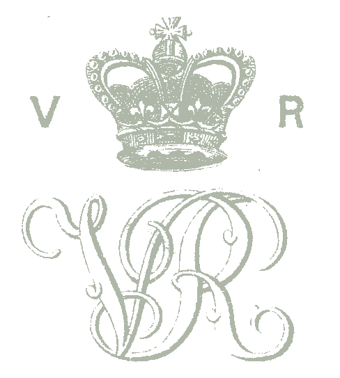 Royal Cypher of Queen Victoria, surmounted by a crown and the initials 'V' and 'R' for 'Victoria Regina,' standing for 'Queen Victoria' in Latin.