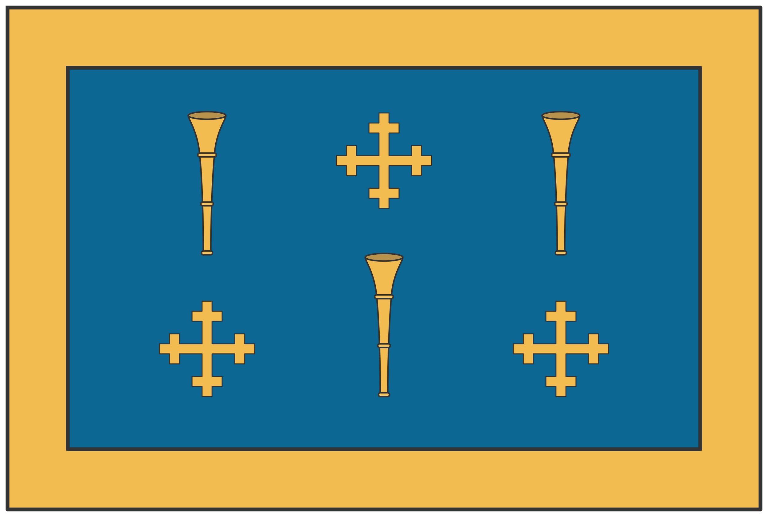 A flag with a gold border, a dark blue field, and gold symbols including three crosses and three trumpets.