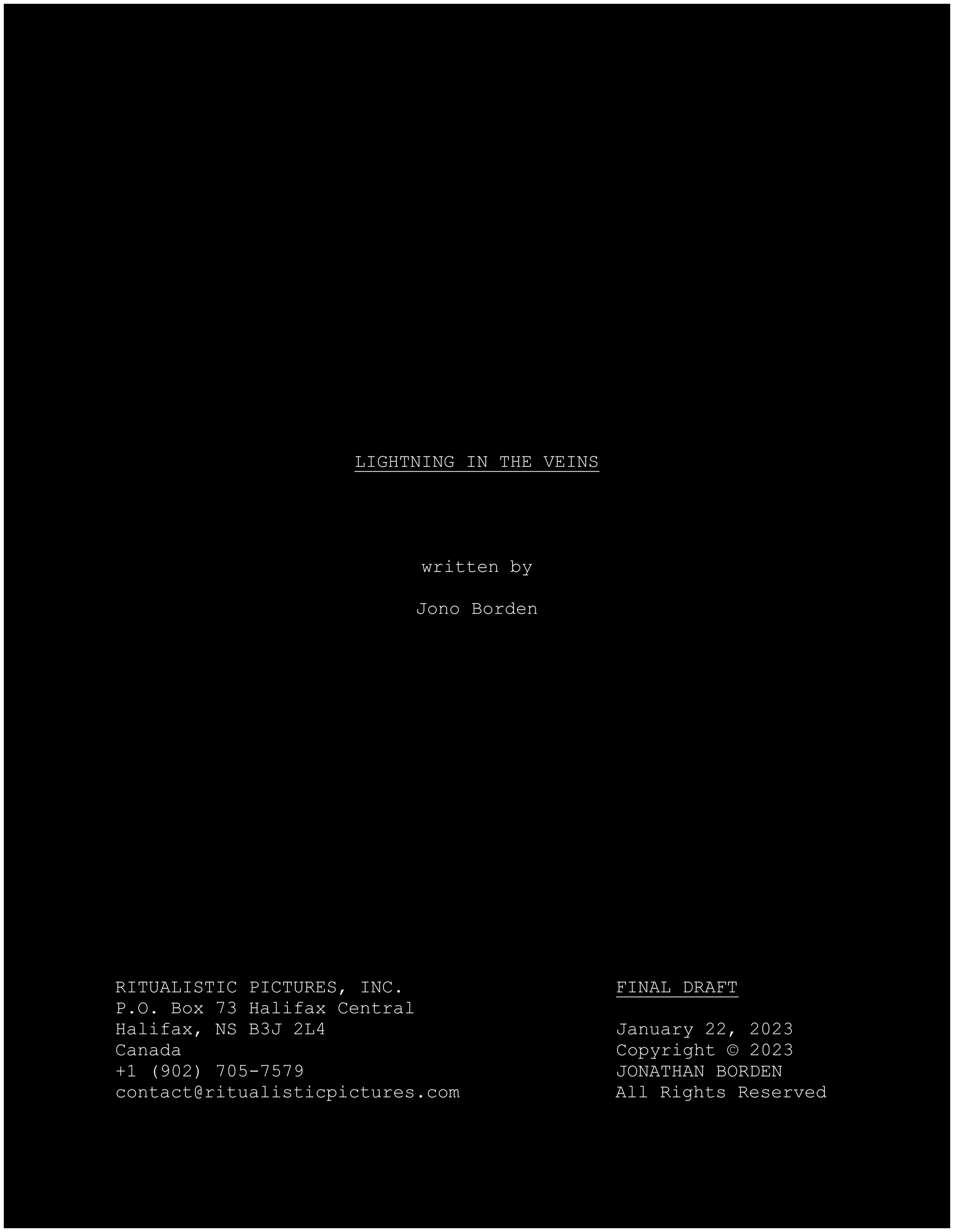 Typed title page of final draft of Jono Borden's screenplay for his Lord Byron biopic titled Lightning in the Veins.