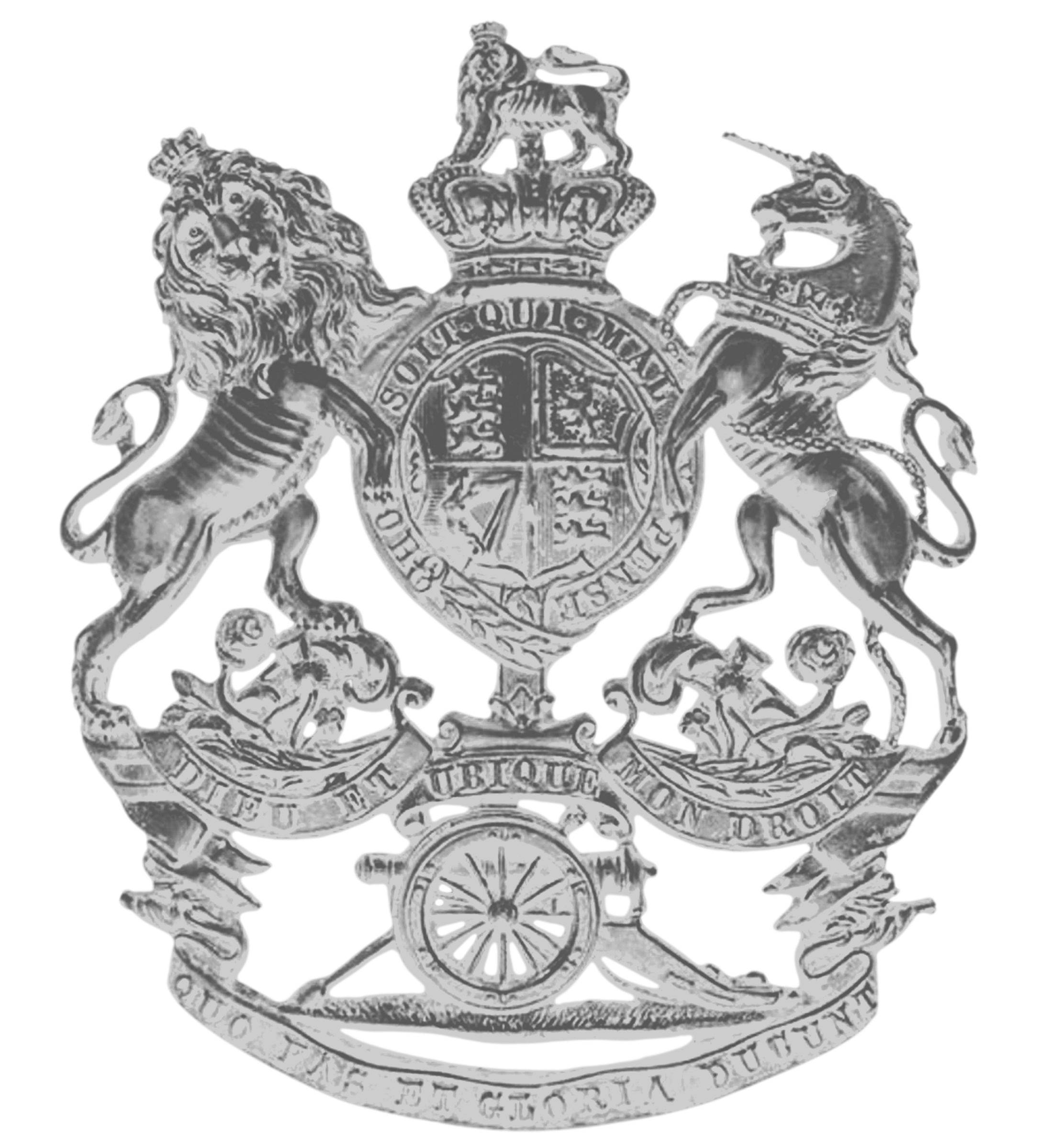 Helmet plate emblem of the British Army's Royal Regiment of Artillery, featuring Queen Victoria's royal arms, the regiment's mottoes, a field gun cannon, surmounted by a royal crown, and supporters.